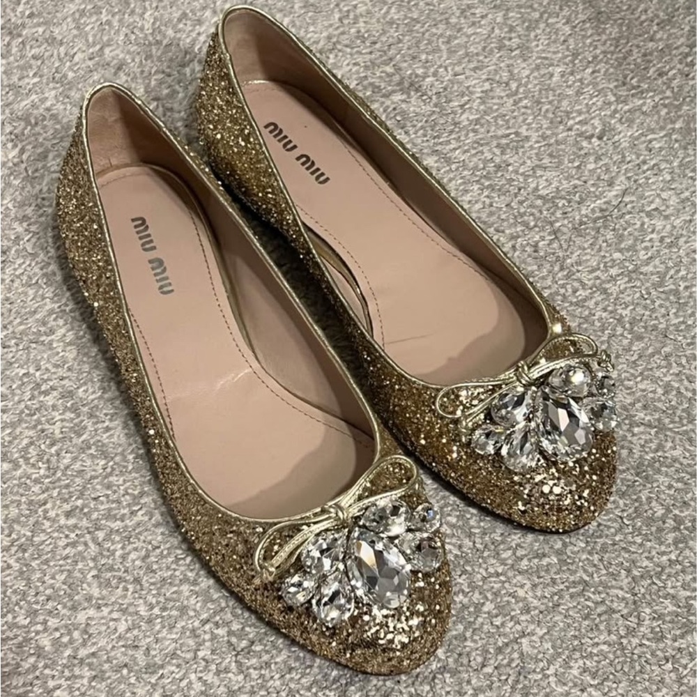 Miu Miu Sparkling Gold Embellished Flats